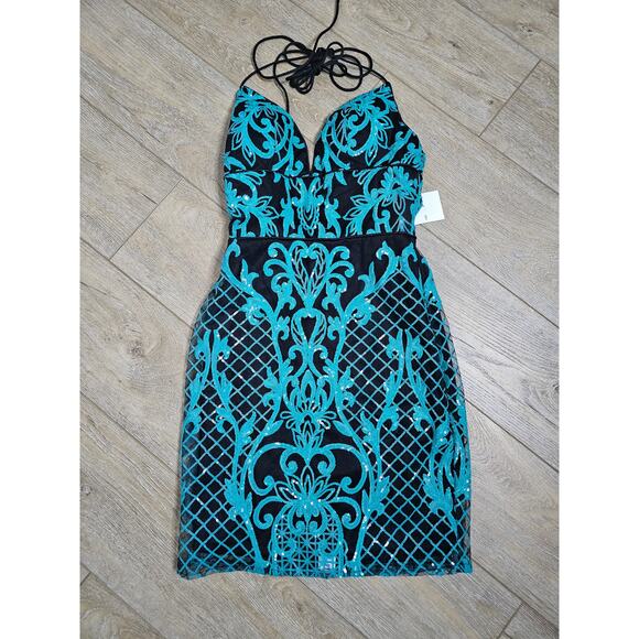 NWT Lace Sequin Basketweave Mini Party Dress Lace Up Back Ladies size 4 - Picture 1 of 15